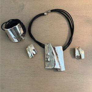 Solid Silver and leather Jewelry Set with Necklace, Bracelet, and Earrings